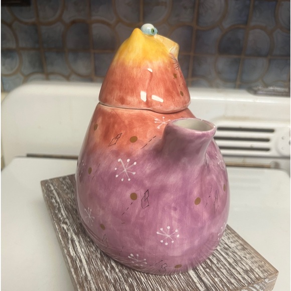 VINTAGE STUDIO DESIGN WORKS JOY CAT TYE DYED RAINBOW KITTY CERAMIC TEAPOT - Picture 4 of 7